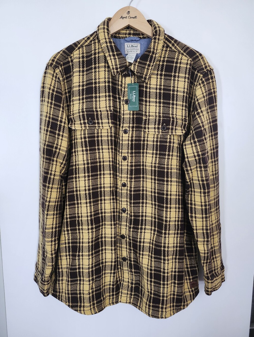 L.L. BEAN Mens Brown Mustard Slightly Fitted Plaid Overshirt Jacket  Large Tall